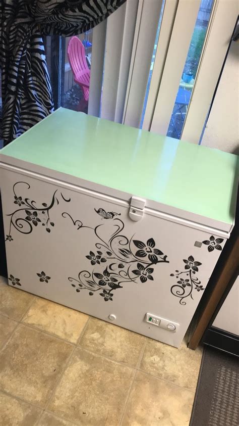Diy Painted Chest Freezer Acrylic Paint And Decals Can Go A Long Way Chest Freezer Decor