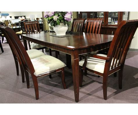 Dark Wood Inlayed Formal Dining Room Table With Leaf And 6 Chairs