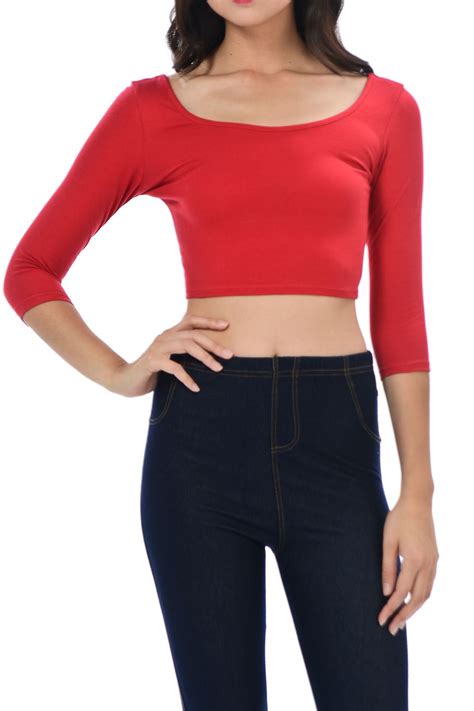Womens Trendy Solid Color Basic Scooped Neck And Back Crop Top 34