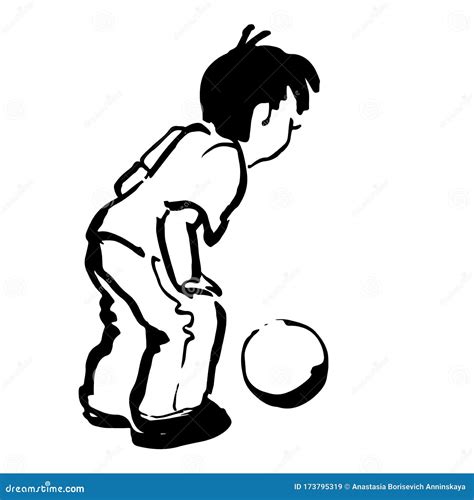 Black Outline Hand Drawn Boy Playing Ball Stock Vector Illustration