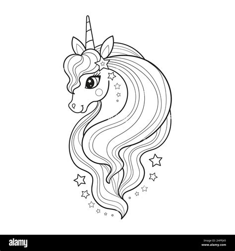 Cute Cartoon Unicorn Head With Long Mane Black And White Linear