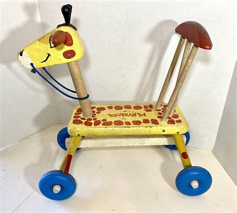 Vintage Playskool Giraffe Tyke Bicycle Ride On Wooden Scooter Riding