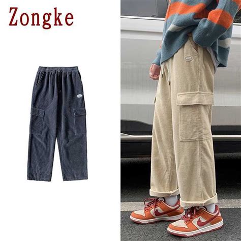 Zongke Corduroy Cargo Pants Men Japanese Style Streetwear Men Joggers