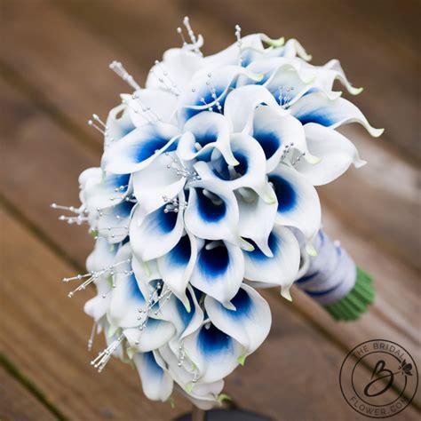 blue calla lily cascading bouquet with silver pearls the bridal flower silk and real touch