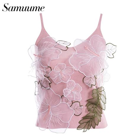 Samuume Women Fashion Sexy Short Knitted Tops New Arrival V Neck Appliques Print Sleeveless