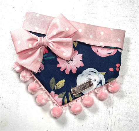 Snap Onreversible Pink And Navy Floral Dog Bandana With Optional Pom