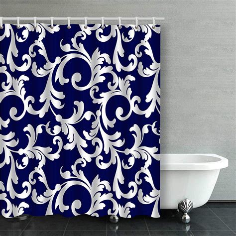 Artjia Elegant Navy Blue And White Floral Pattern Bathroom Shower