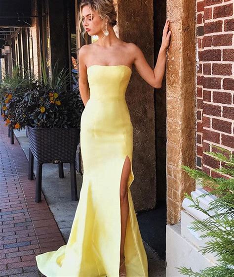 elegant strapless mermaid yellow satin long prom dresses with leg slit abcprom