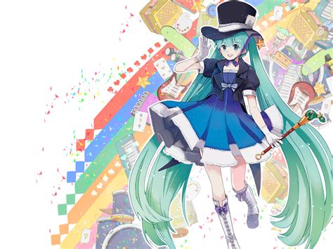 Aqua Hair Blue Eyes Boots Chris4708 Dress Gloves Hat Hatsune Miku Staff Twintails Vocaloid Wand