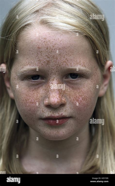 Girls Freckles Seriously Portrait Child Long Haired Blond Look