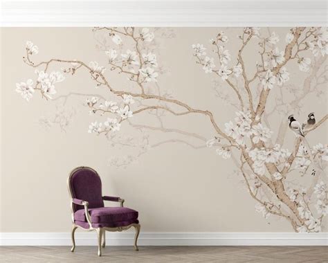 Chinoiserie Magnolia Flowers Wallpaper Peel And Stick Mural Etsy