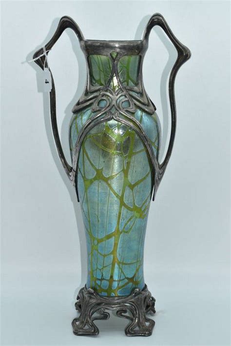 Art Nouveau Loetz Glass Vase With Pewter Mounts European Glass