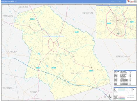 Bulloch County, GA Zip Code Wall Map Basic Style by MarketMAPS