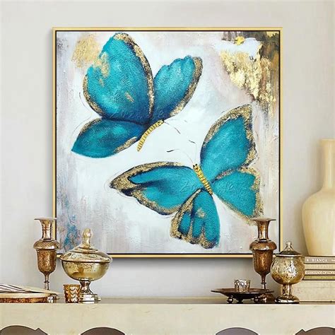 Gold Blue Butterfly Acrylic Painting On Canvas For Living Room