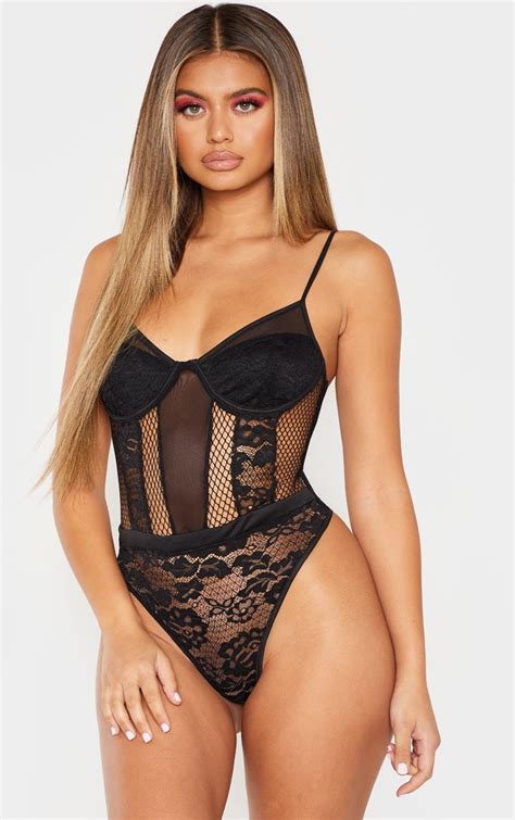 Black Sheer Lace Cupped Bodysuit Tops Prettylittlething