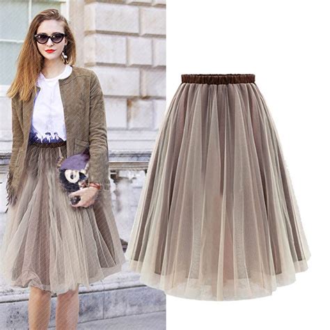Fashion Autumn Women Skirt Gauze Puffy Solid Color High Waist Knee