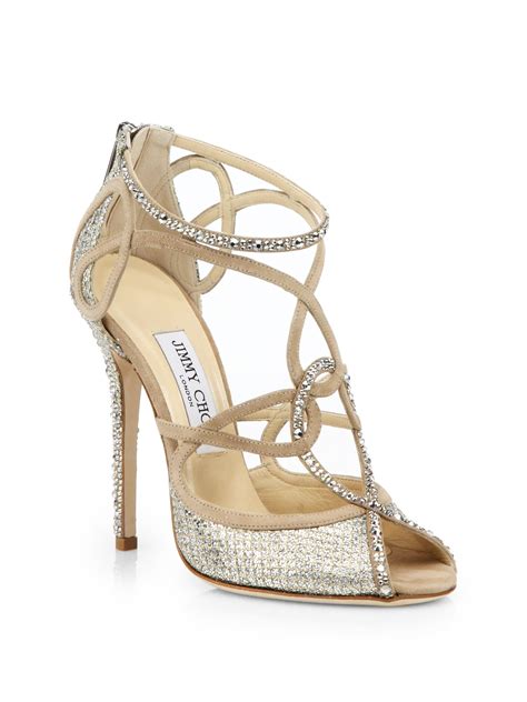 Jimmy Choo Swarovski Crystal Covered Suede Sandals In Gold Nude