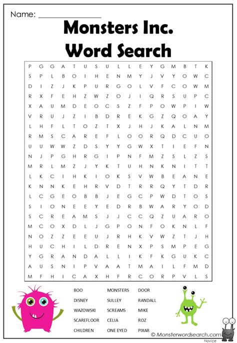 Monsters Inc Word Search Monster Word Search