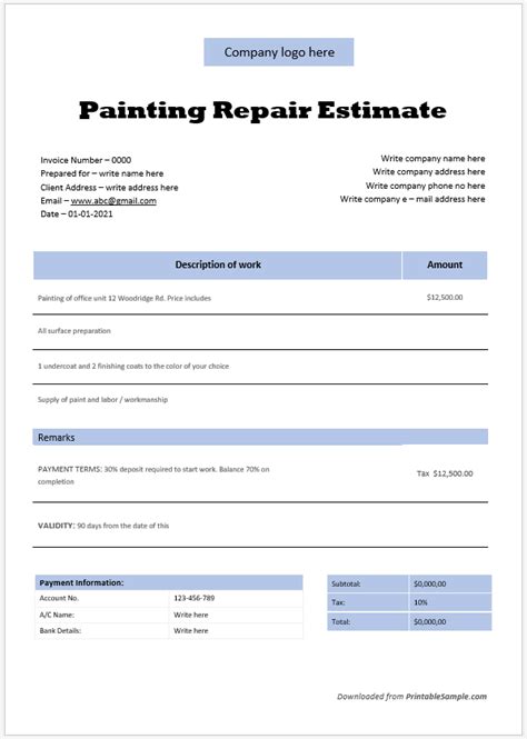 21 Free Sample Painting Estimate Templates Printable Samples