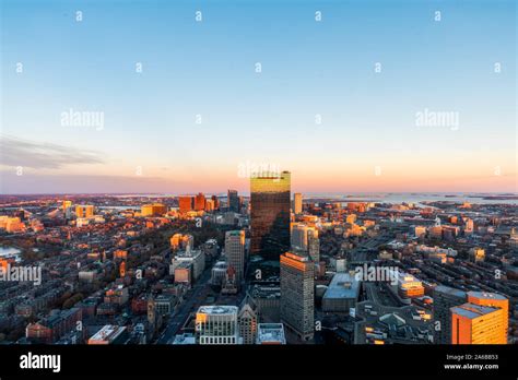 Boston Cityscape Aerial View Of The Boston Skyline During Sunset Stock