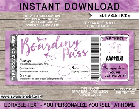 Surprise Trip Boarding Pass Template Plane Ticket T Etsy New Zealand