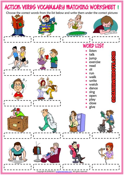 Action Verbs Esl Vocabulary Matching Exercise Worksheets