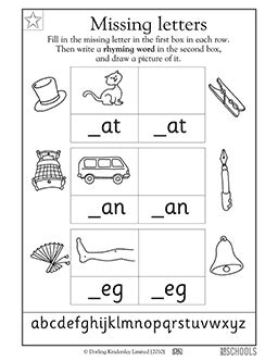 Combining these letters is how the words necessary for communication develop. Kindergarten, Preschool Reading, Writing Worksheets: Missing letters: -at, -an, and -eg ...