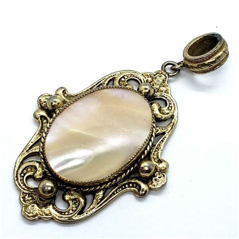 Vtg Whiting And Davis Large Mother Of Pearl Ornate Pendant Silver Tone Unsigned Whitingdavis