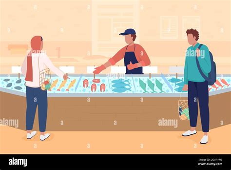 Seafood Market Flat Color Vector Illustration Stock Vector Image And Art