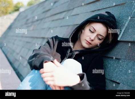 Sad Young Girl Face Expression Outdoor In Urban Context Stock Photo Alamy