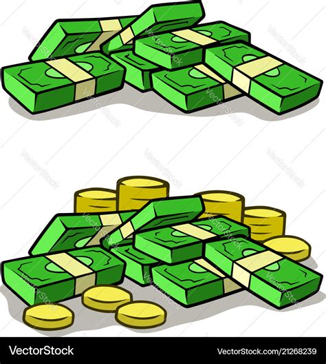 Cartoon Money Stack Piles Of Cash And Coins Vector Image