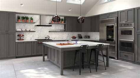 The backsplash is a matte white subway tile. Townsquare Grey - Forevermark Cabinetry