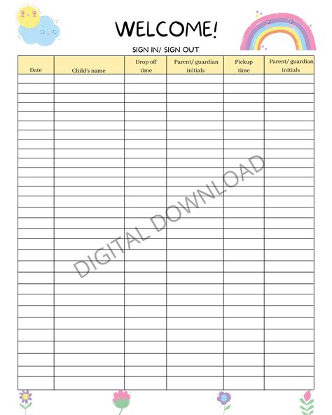 Printable Daycare Sign In And Out Sheet Health Screening Questions