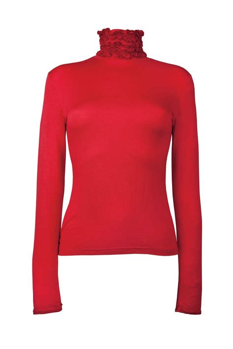 Fine Knit Ruffle Polo Neck Jumper Red