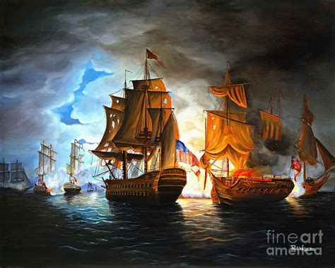 Bonhomme Richard Engaging The Serapis In Battle Painting By Paul Walsh