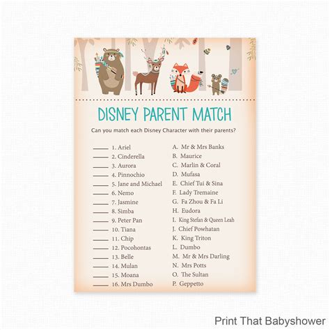 Baby Shower Games Disney Parent Match Game Disney