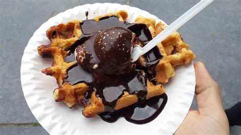 Belgian Waffle With Vanilla Icecream And Chocolate Sauce Food