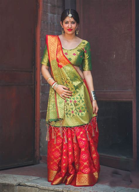 Gujarati Style Red And Green Patola Silk Saree For Weddings Saree