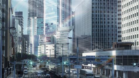 Download 1600x900 Anime Cityscape Buildings Anime Cars Skyscrapers