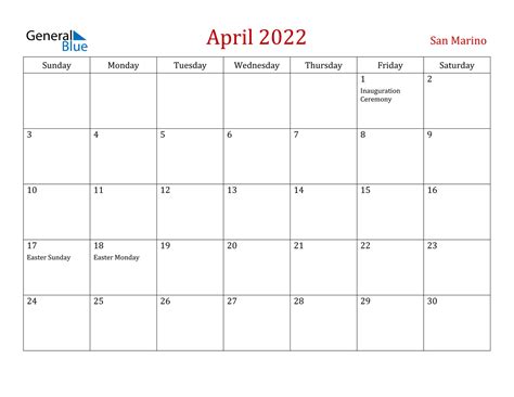 April 2022 Calendar San Marino