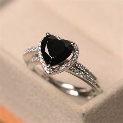 Black Spinel Ring Heart Cut Black Gemstone Halo Rings Etsy