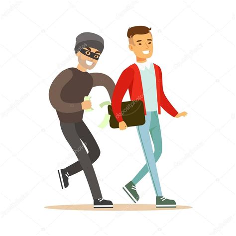 Pickpocket Trying To Steal Money From Smiling Man Colorful Cartoon
