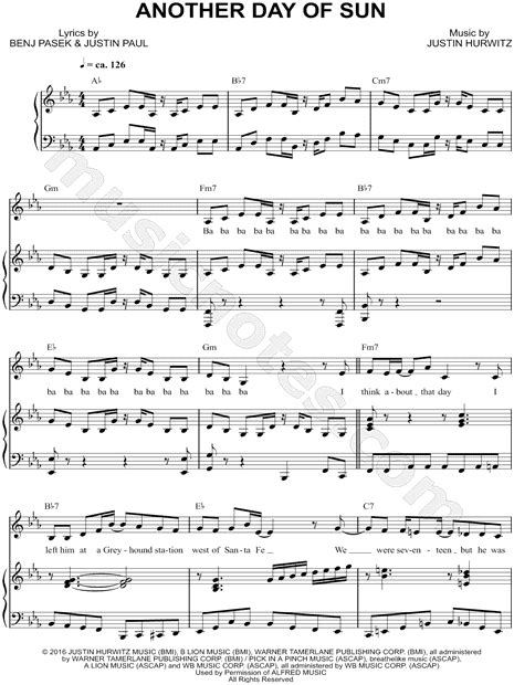 We'll start by taking a look at the easier sheet music. Print and download Another Day of Sun sheet music from La ...