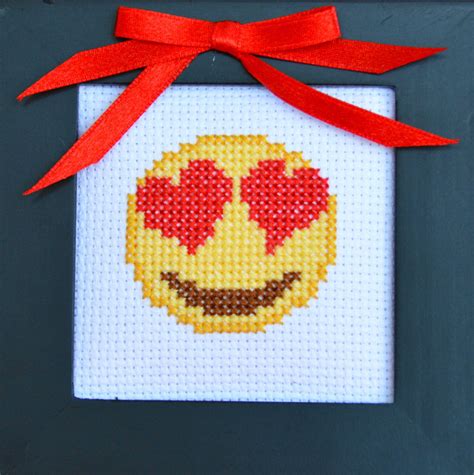 Emoji Cross Stitch Heart Eyes Emoji Handmade Embroidered Etsy