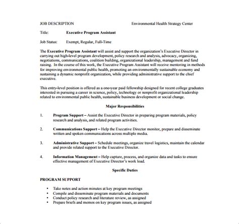 Typical duties seen on an assistant finance manager resume example are billing invoices, preparing budgets, managing cash flow and financial transactions, preparing reports, proposing risk management solutions, and collecting financial data. 10+ Executive Assistant Job Description Templates - Free ...