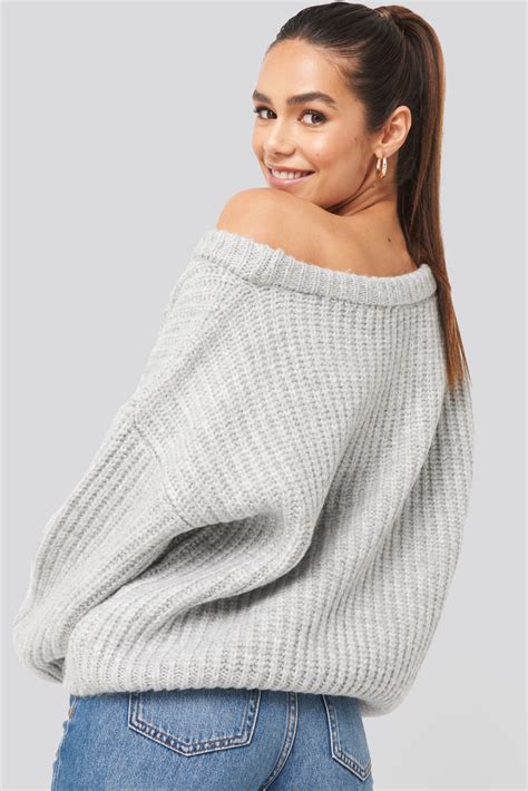 chunky knitted off shoulder sweater grey na