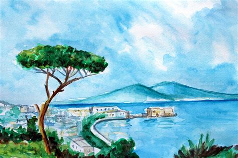 Acquerello Golfo Di Napoli Mare Marina Vesuvio Pino Dipinto A Mano