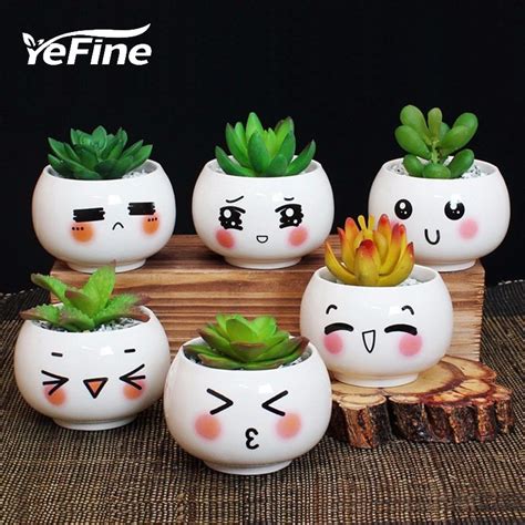 Yefine Cute Expression Ceramic Small Flower Pots Diy Planter Succulent