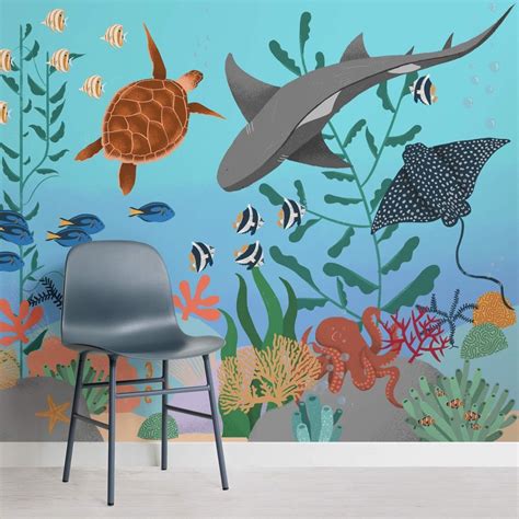 Kids Under The Sea Wallpaper Mural In 2021 Sea Murals Shark Mural Mural