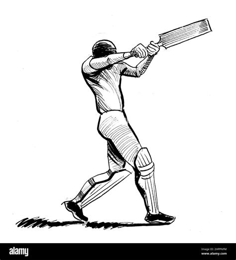 Cricket Player Ink Black And White Drawing Stock Photo Alamy